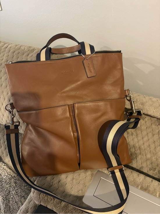 Coach Other - Coach Tan Leather Convertible Tote with Striped Strap